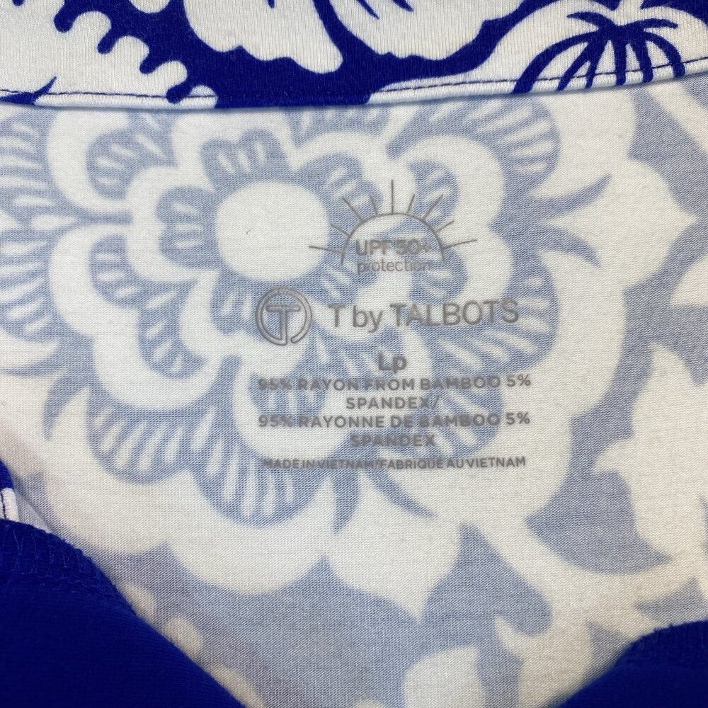 T By TALBOTS Blue Floral UPF 50+ Sun Protection Stretch Knit Top Large PETITE - Picture 5 of 14